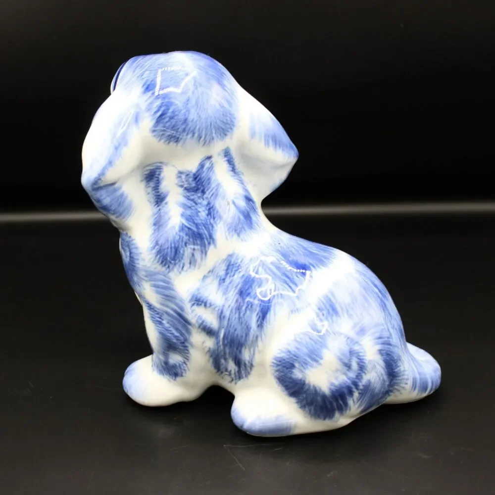 Vintage Blue White Ceramic Dog Figurine Glossy Glaze Cocker Basset Animal Decor
